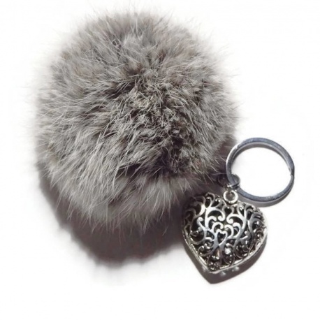 Porte clés pompon en angora gris argent