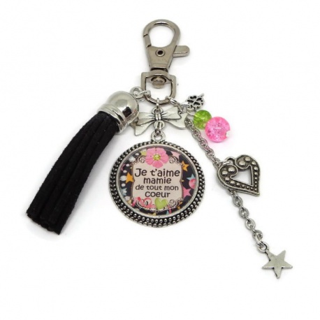 Porte clés ou bijou de sac "Je t'aime mamie de tout mon coeur"
