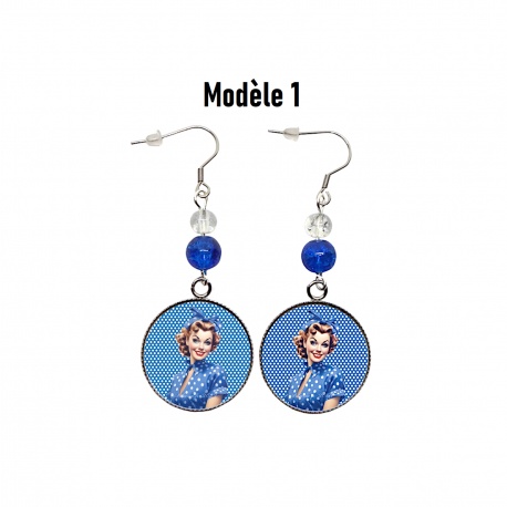 Boucles d'oreilles pin up bleu, rétro, vintage