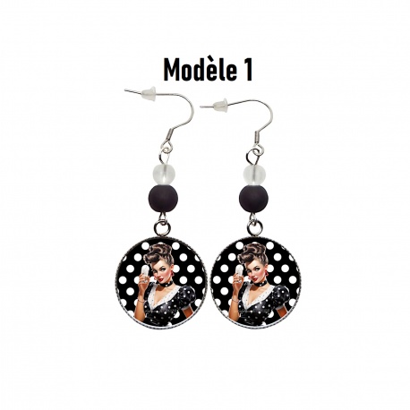 Boucles d'oreilles pin-up noire, rétro, vintage