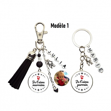 Porte clés "Je t'aime marraine" ,"Je t'aime parrain" personnalisable recto-verso