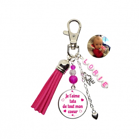 Porte clés ou bijou de sac "Je t'aime tata de tout mon coeur" personnalisable recto verso