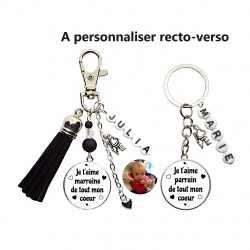 Porte clés recto verso "Je t'aime marraine de tout mon coeur", "Je t'aime parrain de tout mon coeur" personnalisable