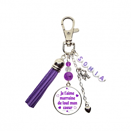 Porte clés ou bijou de sac "Je t'aime marraine de tout mon coeur" personnalisable