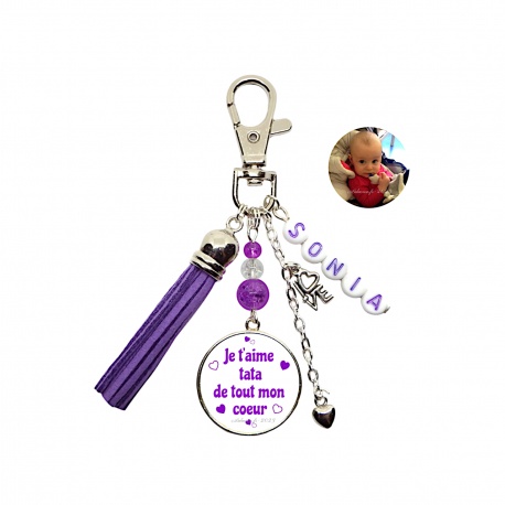 Porte clés ou bijou de sac "Je t'aime tata de tout mon coeur" personnalisable recto verso