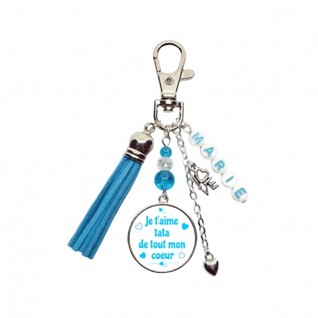 Porte clés ou bijou de sac "Je t'aime tata de tout mon coeur" personnalisable au prénom de votre choix