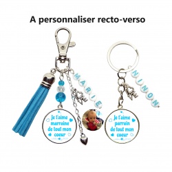 Porte clés recto verso "Je t'aime marraine de tout mon coeur" "Je t'aime parrain de tout mon coeur" personnalisable recto-verso