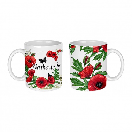 Mug Coquelicot en céramique personnalisable, intérieur et anse couleur rouge, noir ou blanc