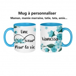 Mug céramique Une soeur pour la vie personnalisable ou non, intérieur et anse couleur bleu, blanc ou noir