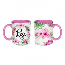 Mug Hibiscus en céramique personnalisable, intérieur et anse couleur rose ou blanc