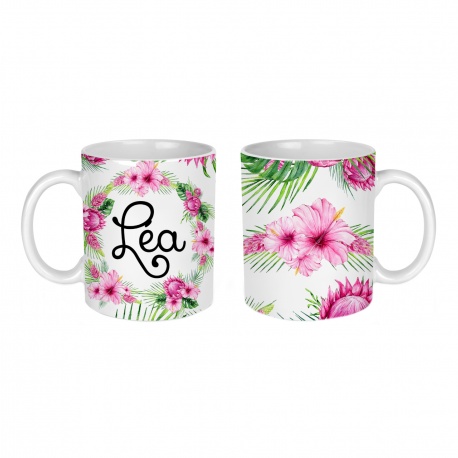 Mug Hibiscus en céramique personnalisable, intérieur et anse couleur rose ou blanc