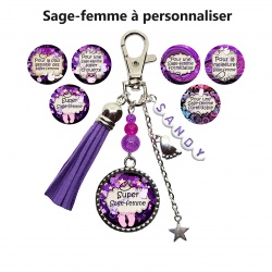 Porte-clés ou bijou de sac sage femme personnalisable