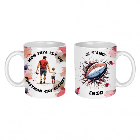 Mug personnalisé Mon papa est un rugbyman qui déchire, je t'aime, fond noir, rouge ou blanc
