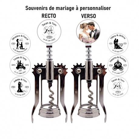 Tire-bouchon, ouvre bouteille souvenirs de mariage à personnaliser recto verso