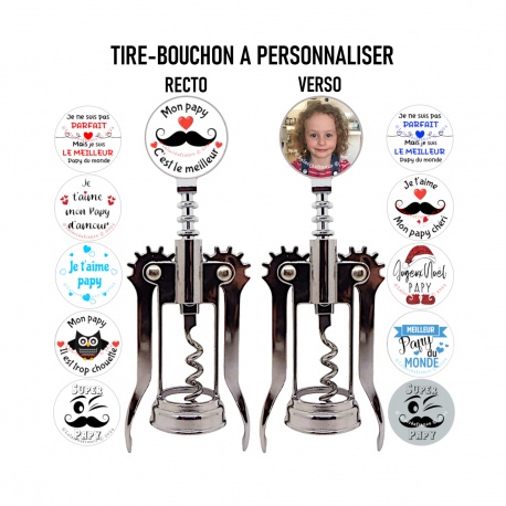 Tire-bouchon, ouvre bouteille papy personnalisable recto verso