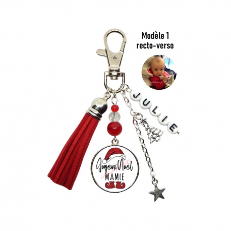Porte clés ou bijou de sac Joyeux noël mamie personnalisable recto-verso