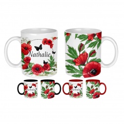 Mug Coquelicot en céramique personnalisable, intérieur et anse couleur rouge, noir ou blanc