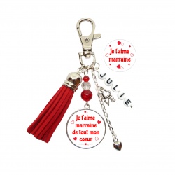 Porte clés, bijou de sac Je t'aime marraine, Je t'aime marraine de tout mon coeur personnalisable