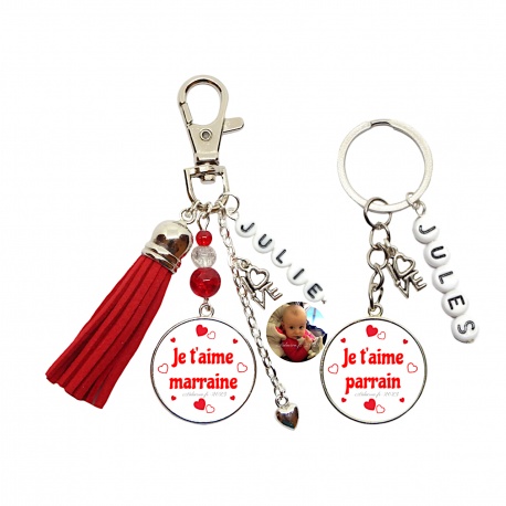 Porte clés "Je t'aime marraine" "Je t'aime parrain" personnalisable recto-verso