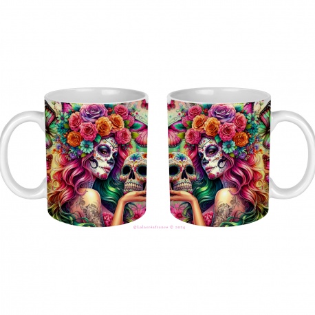 Mug femme gothique, tête de mort fleurie, Dia De Los Muertos