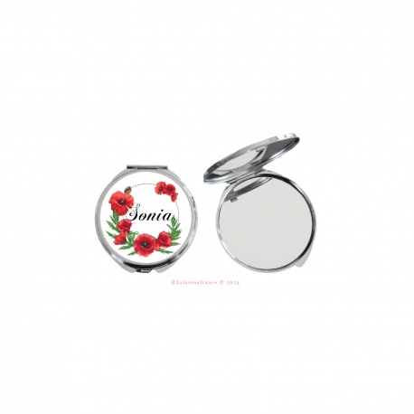 Miroir de poche en métal coquelicot à personnaliser au prénom ou texte de votre choix