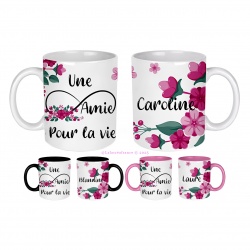 Mug céramique Une amie pour la vie personnalisable ou non, intérieur et anse couleur rose, blanc ou noir