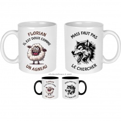 Mug humoristique à personnaliser, "Il est doux comme un agneau mais faut pas le chercher"