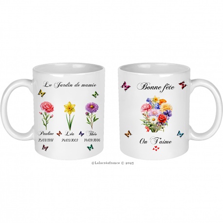 Mug mamie personnalisé avec fleur de naissance des petits enfants