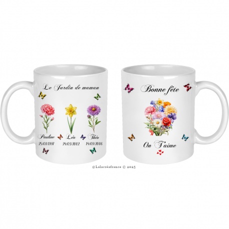 Mug "Les jardins de maman" personnalisé avec fleur de naissance des enfants