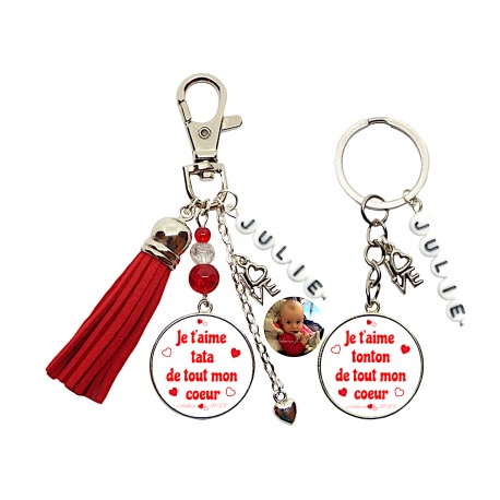 Porte clés recto verso "Je t'aime tata de tout mon coeur - Je t'aime tonton de tout mon coeur personnalisable