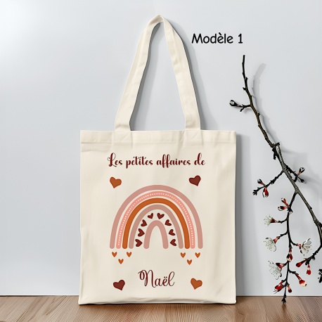 Tote bag enfant personnalisé, Les petites affaires de...thème arc en ciel boho