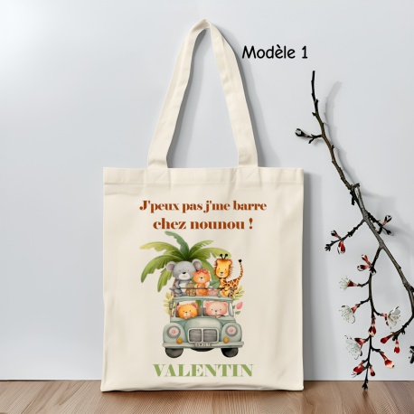Tote bag enfant personnalisé thème safari, 4 modèles au choix