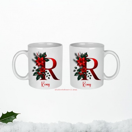 Mug Noël initiale & prénom – Tasse personnalisée alphabet, idée cadeau Noël unique