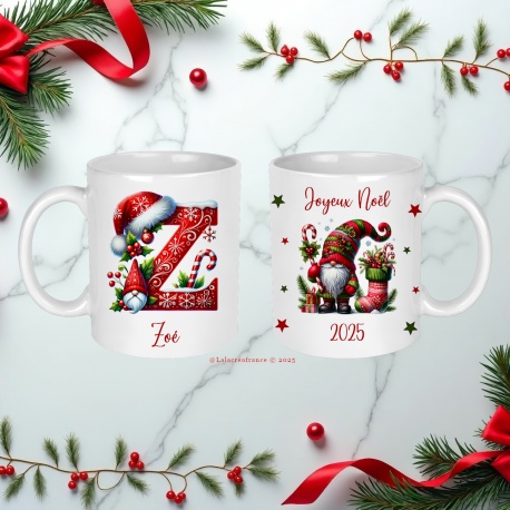 Mug Noël personnalisé - Gnome de Noël - Tasse avec initiale prénom