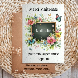 Carte à planter personnalisée maîtresse, ATSEM, AESH, Cadeau écologique fin d’année scolaire
