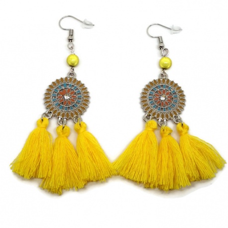 Boucles d'oreilles ethnique pompon jaune