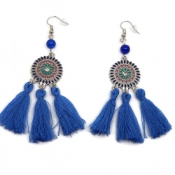 Boucles d'oreilles ethnique pompon bleu