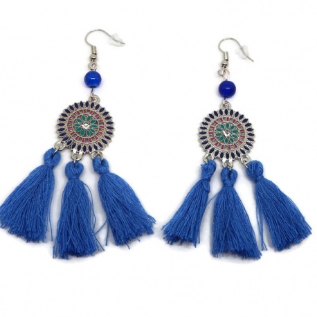 Boucles d'oreilles ethnique pompon bleu