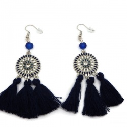 Boucles d'oreilles ethnique pompon bleu marine