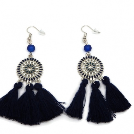 Boucles d'oreilles ethnique pompon bleu marine
