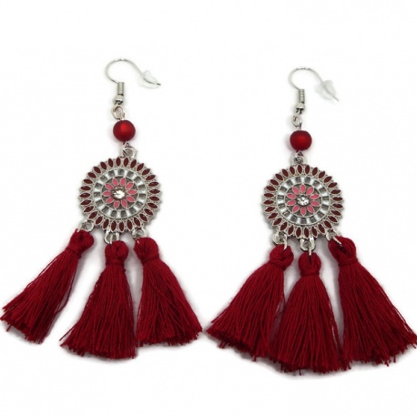 Boucles d'oreilles ethnique pompon rouge