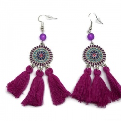 Boucles d'oreilles ethnique pompon violet