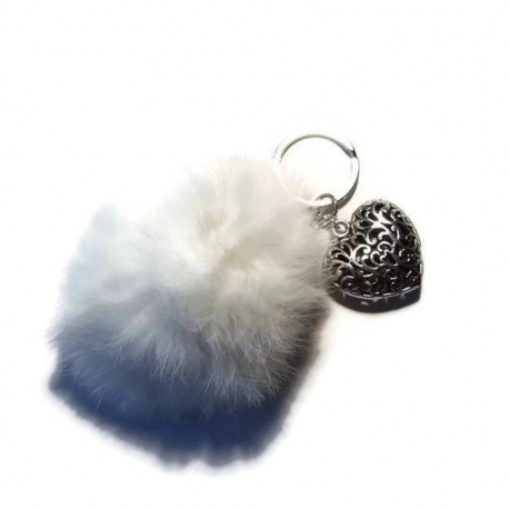 Porte clés pompon en angora blanc