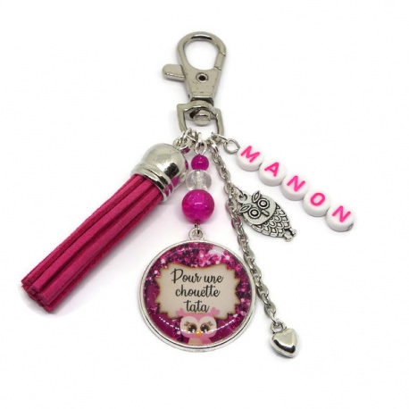 Porte clés ou bijou de sac "Pour une chouette tata" personnalisable avec le prénom de votre choix