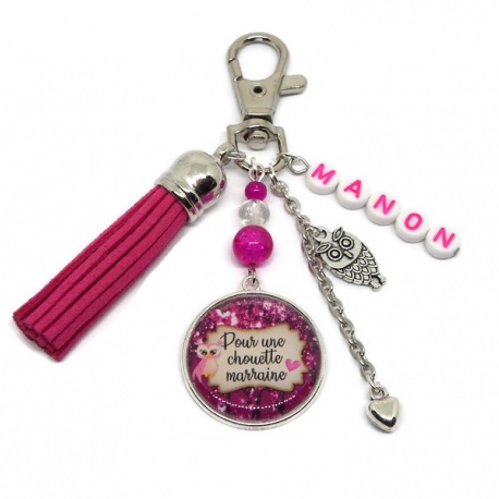 Porte clés ou bijou de sac "Pour une chouette marraine" personnalisable avec le prénom de votre choix