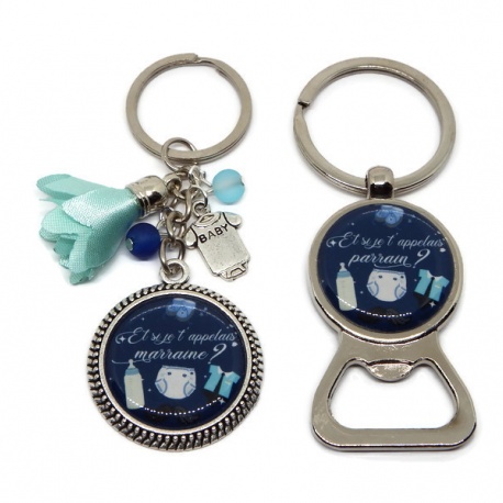 Porte clés et décapsuleur duo, "Et si je t'appelais marraine ?", "Et si je t'appelais parrain ?"