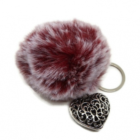 Porte clés pompon en angora rouge/bordeaux
