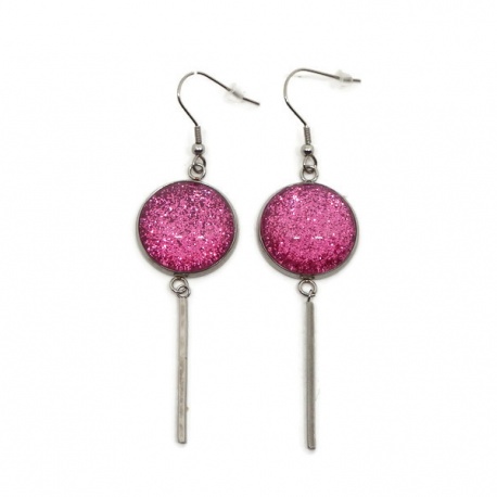 Boucles d'oreilles pendantes cabochon paillette rose