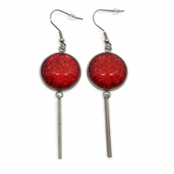 Boucles d'oreilles pendantes cabochon paillette rouge