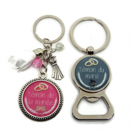 Porte clés et décapsuleur duo, "Témoin de la mariée", "Témoin du marié"
